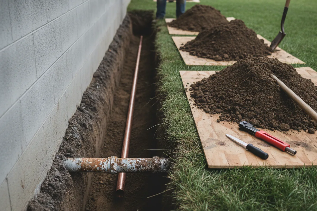 Excavated water line trench during Water Heater Repair in Argyle
